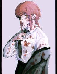Rule 34 | 1girl, adjusting neckwear, black jacket, black necktie, black pants, blood, blood in hair, blood on clothes, blood on face, braid, braided ponytail, breasts, chainsaw man, closed mouth, collared shirt, commentary, cowboy shot, dress shirt, english commentary, formal, grey background, grin, highres, holding, holding clothes, holding jacket, jacket, unworn jacket, long sleeves, looking at viewer, makima (chainsaw man), medium breasts, medium hair, mikazuki (mikadukia031), necktie, orange eyes, pant suit, pants, pillarboxed, red hair, ringed eyes, shirt, simple background, smile, smirk, solo, suit, white shirt, wing collar