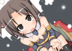 Rule 34 | 1girl, :p, alchemist (ragnarok online), animal ears, armlet, bare shoulders, blush, blush stickers, bracelet, brown eyes, brown hair, cape, cat ears, choker, detached sleeves, dress, flat chest, jewelry, long hair, morino donguri, ragnarok online, sitting, snow, thighhighs, tongue, tongue out
