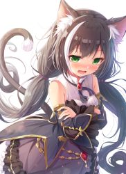 Rule 34 | 1girl, animal ear fluff, animal ears, bare shoulders, black hair, blue sleeves, blush, bow, breasts, cat ears, cat girl, cat tail, commentary request, crossed arms, detached sleeves, fang, frilled skirt, frills, green eyes, hair bow, karyl (princess connect!), long hair, long sleeves, low twintails, matokechi, medium breasts, multicolored hair, nose blush, open mouth, princess connect!, purple bow, purple skirt, shirt, simple background, skirt, sleeveless, sleeveless shirt, solo, streaked hair, tail, twintails, very long hair, white background, white hair, white shirt, wide sleeves