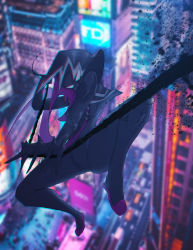 Rule 34 | 1girl, absurdres, animification, boshi (atuki mk2), city, city lights, cityscape, claws, commentary request, highres, hood, looking at viewer, marvel, mask, silk, solo, spider-gwen, spider-man (series), spider web, symbiote, venom (marvel), white eyes
