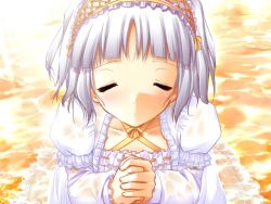 Rule 34 | 1girl, blush, dress, closed eyes, frills, game cg, hairband, own hands clasped, miu (triptych), nimura yuuji, own hands together, petite, praying, saiga (company), short hair, solo, triptych, waiting, water, wet, wet clothes