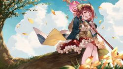 Rule 34 | 1girl, :d, ahoge, atelier (series), atelier sophie, autumn leaves, ayacho, bare legs, blue sky, brown eyes, brown hair, cloud, day, dress shirt, floating hair, flower, highres, holding, holding staff, long hair, miniskirt, open mouth, outdoors, pleated skirt, red skirt, shirt, sitting, skirt, sky, smile, solo, sophie neuenmuller, staff, underbust, white shirt, yellow flower, yellow headwear