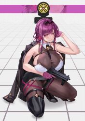 Rule 34 | 1girl, absurdres, between breasts, black coat, black footwear, black necktie, black skirt, black thighhighs, breasts, brown pantyhose, coat, commentary, crossover, eyewear on head, gloves, goddess of victory: nikke, gun, hair between eyes, handgun, hido (cherryhido), high heels, highres, holding, holding gun, holding weapon, honkai: star rail, honkai (series), kafka (honkai: star rail), large breasts, lips, long hair, long sleeves, necktie, necktie between breasts, pantyhose, purple eyes, purple gloves, purple hair, round eyewear, shooting range, sidelocks, skirt, smile, solo, squatting, sunglasses, target, thighhighs, weapon