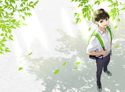 Rule 34 | 1boy, :d, backpack, bag, belt, black hair, day, full body, highres, leaf, looking at viewer, male focus, open mouth, original, outdoors, pants, shirt, shoes, short sleeves, smile, sneakers, solo, sunlight, white shirt, yuu (higashi no penguin)