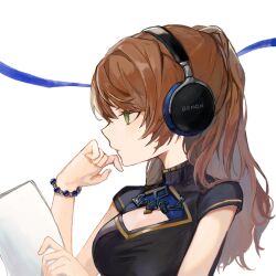 Rule 34 | 1girl, beatrix (granblue fantasy), bracelet, breasts, brown hair, cleavage, cleavage cutout, clothing cutout, facing to the side, granblue fantasy, green eyes, hand to own mouth, headphones, holding, holding paper, jewelry, long hair, looking ahead, medium breasts, motoaki, paper, ponytail, simple background, solo, wavy hair, white background