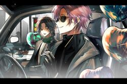 Rule 34 | 2boys, absurdres, balloon, black gloves, black jacket, black sweater, braid, brown eyes, brown hair, car interior, chinese commentary, cigarette, commentary request, earrings, fang, gloves, green scarf, grey jacket, grey shirt, harada minoru, heart balloon, highres, holding, holding cigarette, jacket, jewelry, long sleeves, looking at viewer, male focus, multiple boys, open clothes, open jacket, open mouth, red eyes, saibou shinkyoku, sanpaku, scarf, shirt, short hair, side braid, single braid, skin fang, smile, sunglasses, sweater, theodore riddle, traffic light, turtleneck, turtleneck sweater, yitilianliu