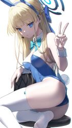 Rule 34 | 1girl, animal ears, arm rest, ass, bare shoulders, blonde hair, blue archive, blue eyes, blue hairband, blue leotard, bow, bowtie, braid, breasts, closed mouth, deca purio, detached collar, ear piercing, earpiece, fake animal ears, french braid, hairband, halo, hand up, highleg, highleg leotard, highres, leaning to the side, leotard, long hair, medium breasts, microphone, no shoes, piercing, playboy bunny, rabbit ears, rabbit tail, simple background, sitting, skindentation, solo, stool, tail, thighhighs, thighs, toki (blue archive), toki (bunny) (blue archive), v, white background, white thighhighs, wrist cuffs