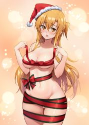 Rule 34 | 1girl, :o, asuna (sao), bare arms, bare shoulders, blonde hair, bobblehat, bow, braid, breasts, cleavage, collarbone, commentary request, cowboy shot, fur-trimmed headwear, fur trim, hair between eyes, hat, highres, holding, holiday (pangjelly), looking at viewer, medium breasts, mixed-language commentary, naked ribbon, navel, open mouth, orange background, orange eyes, red bow, red hat, red ribbon, ribbon, santa hat, solo, stomach, sword art online, thigh gap, thighs, wide hips