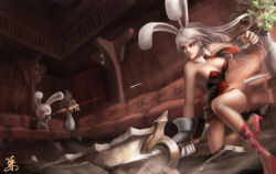 Rule 34 | 1girl, animal ears, battle bunny riven, breasts, cleavage, dart, fake animal ears, foliage, goggles, large breasts, league of legends, long hair, necktie, no legwear, playboy bunny, rabbit ears, red eyes, riven (league of legends), sword, teemo, vase, weapon, white hair, yordle