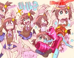 Rule 34 | 10s, 1girl, bodysuit, brown hair, bug, character name, cockroach, commentary request, enshima akira, expressions, green eyes, hair ornament, helmet, insect, judgement gun morphing, luluco, multiple views, pleated skirt, rotating light, school uniform, shoes, side ponytail, skirt, skirt hold, socks, star (symbol), star hair ornament, uchuu patrol luluco