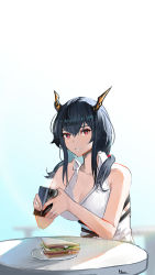Rule 34 | 1girl, absurdres, ai-bon, arknights, artist name, black hair, breasts, ch&#039;en (arknights), cleavage, collar, cup, dragon girl, dragon horns, food, hair between eyes, highres, holding, holding cup, horns, jewelry, long hair, looking at viewer, open mouth, plate, red eyes, ring, sandwich, shirt, sleeveless, sleeveless shirt, solo, table, teeth, twintails, white shirt