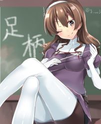 Rule 34 | &gt;;), 10s, 1girl, ashigara (kancolle), blush, brown eyes, brown hair, chalkboard, kantai collection, long hair, navy (navy.blue), one eye closed, pantyhose, pointer, signature, smile, solo, thighhighs, twitter username, v-shaped eyebrows, white pantyhose