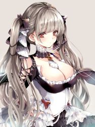 Rule 34 | 1girl, azur lane, bare shoulders, between breasts, black dress, blush, breasts, cleavage, dress, earrings, flight deck, formidable (azur lane), frilled dress, frills, grey hair, hair ornament, hair ribbon, highres, jewelry, large breasts, long hair, long sleeves, looking at viewer, red eyes, ribbon, rigging, simple background, solo, soraneko hino, twintails