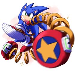 Rule 34 | 1boy, arms (game), full body, furry, furry male, green eyes, grin, hedgehog, highres, jumping, looking at viewer, male focus, motion blur, ring (sonic), shoes, smile, sneakers, solo, sonic (series), sonic the hedgehog, sparkle, spring (object), wereshoes