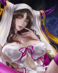 Rule 34 | 1girl, bare shoulders, black hair, blush, breasts, chest tattoo, cleavage, collarbone, commission, dress, facial mark, fate/extra, fate/extra ccc, fate (series), forehead mark, highres, horn ornament, horn ring, horns, large breasts, leaning back, lohel, long hair, looking at viewer, navel, open mouth, parted bangs, parted lips, pink thighhighs, revealing clothes, sessyoin kiara, smile, solo, space, spread legs, star (sky), tattoo, thighhighs, veil, wavy hair, white dress, wide sleeves, yellow eyes