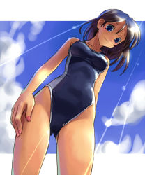 Rule 34 | 1girl, bare shoulders, black hair, blue eyes, blue hair, cloud, competition swimsuit, cowboy shot, day, dutch angle, from below, highleg, highleg swimsuit, katahira masashi, looking down, matching hair/eyes, nail polish, one-piece swimsuit, original, outdoors, pink nails, school swimsuit, short hair, single vertical stripe, sky, smile, solo, swimsuit