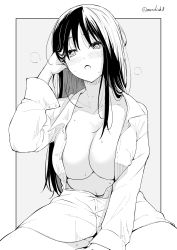 Rule 34 | 1girl, blush, breasts, collarbone, grey background, greyscale, heavy breathing, highres, kichihachi, large breasts, long hair, looking at viewer, monochrome, open clothes, open mouth, open shirt, original, simple background, sitting, solo, sweat, twitter username, two-tone background, white background