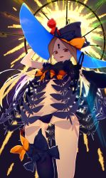 Rule 34 | 1girl, abigail williams (fate), abigail williams (second ascension) (fate), absurdres, backlighting, bare shoulders, black bow, black headwear, black panties, black thighhighs, blonde hair, bow, breasts, fate/grand order, fate (series), forehead, gluteal fold, hat, highres, keyhole, long hair, multiple bows, nanao (aoyamahikari), navel, open mouth, orange bow, panties, parted bangs, polka dot, polka dot bow, red eyes, single thighhigh, small breasts, smile, stuffed animal, stuffed toy, teddy bear, thighhighs, thighs, underwear, witch hat