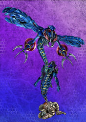 Rule 34 | blue background, blue skin, blue tail, blue wings, bug, claws, colored skin, dragonfly, evolution, evolutionary line, gradient background, highres, hydragoon, insect, kamen rider, kamen rider ryuki (series), masukudo (hamamoto hikaru), monster, multicolored background, no humans, purple background, raydragoons, red eyes, sheerghost, tokusatsu, wings