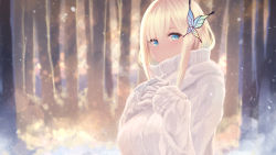 Rule 34 | 1girl, blonde hair, blue eyes, blush, boku wa tomodachi ga sukunai, breasts, butterfly hair ornament, cait aron, gloves, hair ornament, highres, kashiwazaki sena, large breasts, long hair, long sleeves, looking at viewer, sleeves past wrists, solo, sweater, turtleneck, turtleneck sweater, upper body, white gloves, white sweater