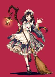 Rule 34 | 1girl, akagi shun, apron, black eyes, bow, braid, braided ponytail, broom, brown hair, dress, flower, frilled apron, frilled dress, frills, full body, hair bow, hair flower, hair ornament, holding, holding broom, kimono dress, lantern, long hair, long sleeves, looking at viewer, maid headdress, open mouth, original, red background, shoes, simple background, smile, solo, standing, standing on one leg, striped clothes, striped dress, vertical-striped clothes, vertical-striped dress, waving, white apron, white legwear