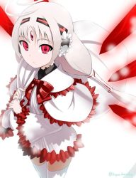 Rule 34 | 1girl, adapted costume, ahoge, black shirt, bow, capelet, christmas, cowboy shot, detached wings, dress, forehead jewel, hair tubes, huge ahoge, koyama keisuke, long hair, looking at viewer, low-tied long hair, open mouth, pale skin, red bow, red eyes, sack, shirt, snow, solo, thighhighs, twintails, twitter username, under night in-birth, undershirt, vatista, very long hair, white dress, white hair, white thighhighs, wide sleeves, wings, zettai ryouiki