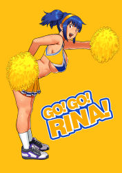 Rule 34 | 1girl, blue hair, breasts, cessa, character name, cheering, cheerleader, commentary, crop top, english commentary, from side, full body, highres, holding, holding pom poms, huge breasts, large breasts, leaning forward, looking at viewer, medium hair, midriff, open mouth, original, pom pom (cheerleading), pom poms, purple footwear, red eyes, rina atherina, shoes, skirt, smile, sneakers, socks, solo, standing, sweat, twintails, underboob, white socks, yellow background, yellow skirt, yellow theme