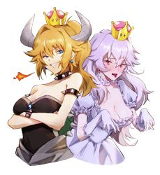 Rule 34 | 2girls, :d, :p, bad id, bad pixiv id, bare shoulders, blonde hair, blue eyes, blush, bowsette, breasts, cleavage, crossed arms, crown, dress, earrings, fang, fire, ghost, gloves, grin, highres, horns, jewelry, luigi&#039;s mansion, mario (series), medium breasts, multiple girls, namunamu (kkyyao), new super mario bros. u deluxe, nintendo, open mouth, personification, princess king boo, puffy short sleeves, puffy sleeves, purple eyes, sharp teeth, shell, short sleeves, simple background, smile, spiked shell, strapless, strapless dress, super crown, teeth, tongue, tongue out, upper body, white background, white hair