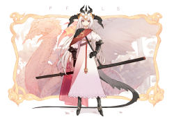Rule 34 | 1girl, black footwear, cape, commentary request, dragon, dragon horns, dragon tail, full body, gauntlets, hand on own hip, highres, horns, jong tu, katana, looking at viewer, pixiv fantasia, pixiv fantasia last saga, red cape, red eyes, sheath, sheathed, solo, standing, sword, tail, tina dhuramemole, weapon, white hair