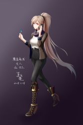 Rule 34 | 1girl, 2018, alternate costume, artist request, asymmetrical footwear, azur lane, black pants, boots, brown footwear, brown jacket, candy, cellphone, food, full body, hair ornament, high heels, highres, holding, holding candy, holding food, holding lollipop, jacket, jean bart (azur lane), lollipop, long hair, looking at viewer, open clothes, open jacket, pants, phone, ponytail, purple background, purple scarf, red eyes, scarf, simple background, smartphone, solo, uneven footwear, very long hair