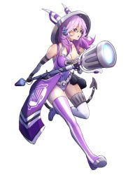 Rule 34 | 1girl, asymmetrical legwear, breasts, collarbone, demon horns, demon tail, elbow gloves, fingerless gloves, gloves, highres, holding, holding staff, horns, large breasts, leotard, microphone, mismatched legwear, open mouth, purple eyes, purple hair, purple leotard, slewpie, staff, striped clothes, striped thighhighs, tail, thighhighs, trash can, trash taste, white thighhighs
