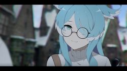 Rule 34 | 1girl, :3, blue eyes, blue hair, blurry, blurry background, elira pendora, glasses, hair over one eye, head wings, highres, lendivere, letterboxed, long hair, nijisanji, nijisanji en, one eye covered, portrait, round eyewear, smile, solo, sweater, twitter username, virtual youtuber, white sweater, wings