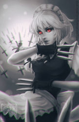 Rule 34 | 1girl, apron, between fingers, blurry, bokeh, breasts, chromatic aberration, depth of field, dual wielding, eyelashes, fingerless gloves, gloves, gradient background, greyscale, holding, izayoi sakuya, knife, koyorin, lips, looking at viewer, maid, maid apron, maid headdress, monochrome, nose, puffy short sleeves, puffy sleeves, red eyes, short sleeves, solo, spot color, too many, too many knives, touhou, upper body, waist apron, watermark, web address