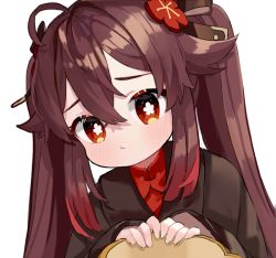 Rule 34 | 1girl, ahoge, blush, brown coat, brown hair, coat, commentary, english commentary, flower, flower-shaped pupils, genshin impact, gradient hair, hair flaps, hair flower, hair ornament, hu tao (genshin impact), long hair, long sleeves, miyako draw, multicolored hair, pout, red eyes, red flower, red hair, red shirt, shirt, sidelocks, simple background, solo, symbol-shaped pupils, twintails, upper body, white background, aged down