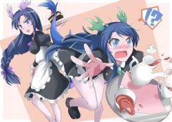 Rule 34 | 2girls, alternate costume, arashi sora, bad id, bad pixiv id, blue eyes, blue hair, blush, braid, cake, cup, dual persona, enmaided, food, green eyes, highres, horns, karin (p&amp;d), loafers, long hair, maid, multiple girls, open mouth, pantyhose, puzzle &amp; dragons, shoes, single braid, sugar cube, tail, teacup, teapot, tears, tray, tripping