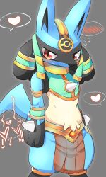 Rule 34 | 1other, blush, closed mouth, commentary request, cowboy shot, creatures (company), furry, game freak, gen 4 pokemon, gold, grey background, heart, highres, lets0020, looking at viewer, lucario, lucario (ruins), midriff, nintendo, orange background, pelvic curtain, poke ball pendant, pokemon, pokemon (creature), pokemon unite, simple background, solo, spoken blush, standing, tail
