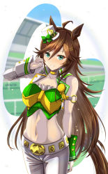 Rule 34 | 1girl, ahoge, animal ears, aqua eyes, blouse, blush, bow, breasts, brown hair, choker, collarbone, commentary request, cowboy shot, crop top, green bow, green shirt, grin, hair between eyes, hair ornament, hairclip, hat, hat bow, highres, horse ears, large breasts, long hair, long sleeves, looking at viewer, midriff, mini hat, mini top hat, mr. c.b. (umamusume), navel, osacanaheart3, pants, parted lips, partial commentary, shirt, single sleeve, smile, solo, standing, stomach, strapless, strapless shirt, top hat, umamusume, very long hair, white hat, white pants, wrist cuffs, yellow choker