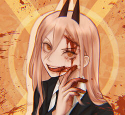 Rule 34 | 1girl, black necktie, black suit, blonde hair, blood, blood from mouth, blood on face, blood on hands, blood splatter, chainsaw man, chromatic aberration, commentary, cross-shaped pupils, cuts, czy (2894456992), formal, horns, injury, necktie, orange eyes, portrait, power (chainsaw man), solo, suit, symbol-shaped pupils, tongue, tongue out