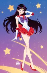 Rule 34 | 1girl, atomicmrshmallw, back bow, bishoujo senshi sailor moon, black hair, bow, bowtie, choker, circlet, earrings, elbow gloves, gloves, high heels, highres, jewelry, long hair, looking at viewer, magical girl, open mouth, purple bow, purple bowtie, purple eyes, red footwear, red sailor collar, red skirt, sailor collar, sailor mars, sailor senshi uniform, skirt, smile, solo, white gloves
