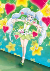 Rule 34 | 1girl, :d, blue eyes, blush, bow, brooch, cure princess, cure princess (macadamia hula dance), earrings, floating hair, full body, green bow, green shirt, green skirt, hair ornament, happinesscharge precure!, heart, heart brooch, high heels, jewelry, long hair, magical girl, miniskirt, nita (onakatohoppe), open mouth, outstretched arms, outstretched hand, precure, pumps, shirayuki hime, shirt, silver hair, skirt, sleeveless, sleeveless shirt, smile, solo, standing, very long hair, white shirt