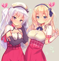 Rule 34 | 2girls, :o, ajax (azur lane), azur lane, beret, black bow, black hairband, blonde hair, blue eyes, blush, bow, breasts, closed mouth, commentary request, detached sleeves, dress shirt, elbow gloves, fingerless gloves, gloves, grey background, hair between eyes, hairband, hat, head tilt, heart, leander (azur lane), long hair, long sleeves, multiple girls, one side up, parted lips, pink skirt, piyodera mucha, purple eyes, shirt, short sleeves, silver hair, skirt, small breasts, smile, very long hair, white gloves, white hat, white shirt