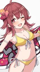 Rule 34 | 1girl, ;d, ahoge, armlet, beach towel, bikini, blush, breasts, collarbone, cure slum, flower, hair between eyes, hair flower, hair ornament, hibiscus, holding, holding towel, idolmaster, idolmaster shiny colors, komiya kaho, long hair, looking at viewer, navel, one eye closed, open mouth, red eyes, red hair, scrunchie, simple background, small breasts, smile, solo, swimsuit, towel, white background, yellow bikini