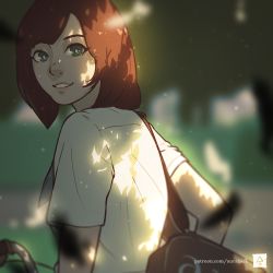 Rule 34 | 1girl, aurahack, bag, blue eyes, blurry, brown hair, depth of field, from side, light particles, looking at viewer, original, smile, solo, sunlight, tree shade, upper body
