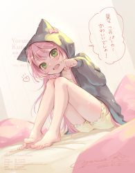 Rule 34 | 1girl, animal hood, artist name, bare legs, barefoot, blush, bow, cat girl, clenched hand, collarbone, commentary, dated, deviantart username, dutch angle, full body, green eyes, green hoodie, heart, highres, hood, hoodie, instagram username, lipstick, long hair, long sleeves, looking at viewer, makeup, on bed, open mouth, original, pillow, pink bow, pink hair, pixiv id, shirt, signature, sitting, smile, solo, speech bubble, toes, translated, tumblr username, twitter username, y kuroki, yellow shirt