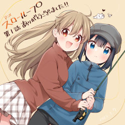 Rule 34 | 2girls, 3:, :3, :d, ahoge, beige background, black hair, black pants, blue eyes, blue jacket, blunt bangs, blush, brown sweater, cabbie hat, closed mouth, copyright name, cowboy shot, dated, dutch angle, episode number, eyes visible through hair, fishing line, fishing rod, floating hair, from side, grey headwear, hair between eyes, hands up, happy, hat, heads together, heart, high collar, highres, holding, holding fishing rod, hug, jacket, light brown hair, long hair, long sleeves, looking to the side, minagi hiyori, minagi koharu, miniskirt, multiple girls, official art, open mouth, pants, plaid, plaid skirt, pleated skirt, red eyes, short hair, simple background, skirt, sleeves past wrists, slow loop, smile, sweater, tareme, thank you, turtleneck, turtleneck sweater, two side up, uchino maiko, unmoving pattern, white skirt, zipper, | |