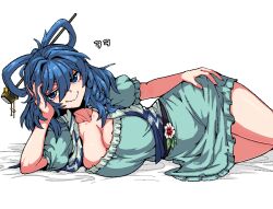 Rule 34 | 1girl, aqua dress, blue eyes, blue hair, breasts, cleavage, closed mouth, collarbone, commentary request, dress, flower, formicid, frilled sleeves, frills, hair between eyes, hair ornament, hair rings, hair stick, hand on own head, kaku seiga, korean text, large breasts, lying, medium hair, on side, open clothes, open vest, revision, short sleeves, simple background, smile, solo, touhou, vest, white background, white flower, white vest