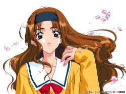 Rule 34 | 1girl, black headband, brown eyes, brown hair, company name, copyright notice, earrings, endou akira, hand up, headband, jewelry, long hair, looking at viewer, non-web source, official art, petals, school uniform, sentimental graffiti, sentimental journey (anime), sleeves past wrists, smile, solo, upper body, white background