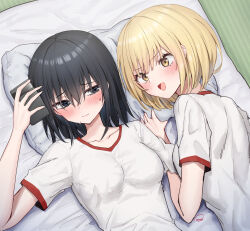 Rule 34 | 2girls, :d, ameno hitsuka, black hair, blonde hair, blush, breasts, brown eyes, cellphone, closed mouth, commentary request, futon, grey eyes, gym shirt, hair between eyes, hand up, highres, holding, holding phone, kamioka senri, lying, medium breasts, multiple girls, on back, on bed, on side, open mouth, original, phone, pillow, piripun, shirt, short sleeves, signature, smile, sweat, tatami, upper body, white shirt