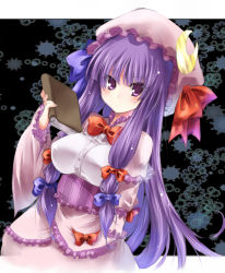 Rule 34 | 1girl, adapted costume, bad id, bad pixiv id, blush, book, bow, breasts, crescent, female focus, graphite (medium), hair bow, hat, impossible clothes, impossible shirt, large breasts, long hair, looking at viewer, mixed media, paopao, patchouli knowledge, purple eyes, purple hair, shirt, solo, touhou, traditional media, upper body, very long hair