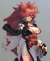 Rule 34 | 1girl, absurdres, ahoge, amputee, baiken, breasts, cleavage, eyepatch, facial mark, facial tattoo, grey background, guilty gear, guilty gear xrd, half-closed eyes, highres, jacket, jacket on shoulders, japanese clothes, k1 (erin22), katana, kimono, large breasts, leaf, long hair, mouth hold, pink hair, ponytail, red eyes, sarashi, sash, scar, scar across eye, scar on face, sheath, sheathed, simple background, solo, stalk in mouth, sword, tattoo, torn sleeve, very long hair, weapon